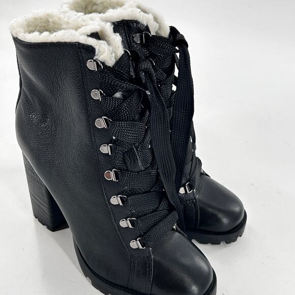 Schutz Zhara Lace Combat Boots 5 Black NWOT Sherpa Shearling Ankle Bootie Zara - Picture 6 of 8
